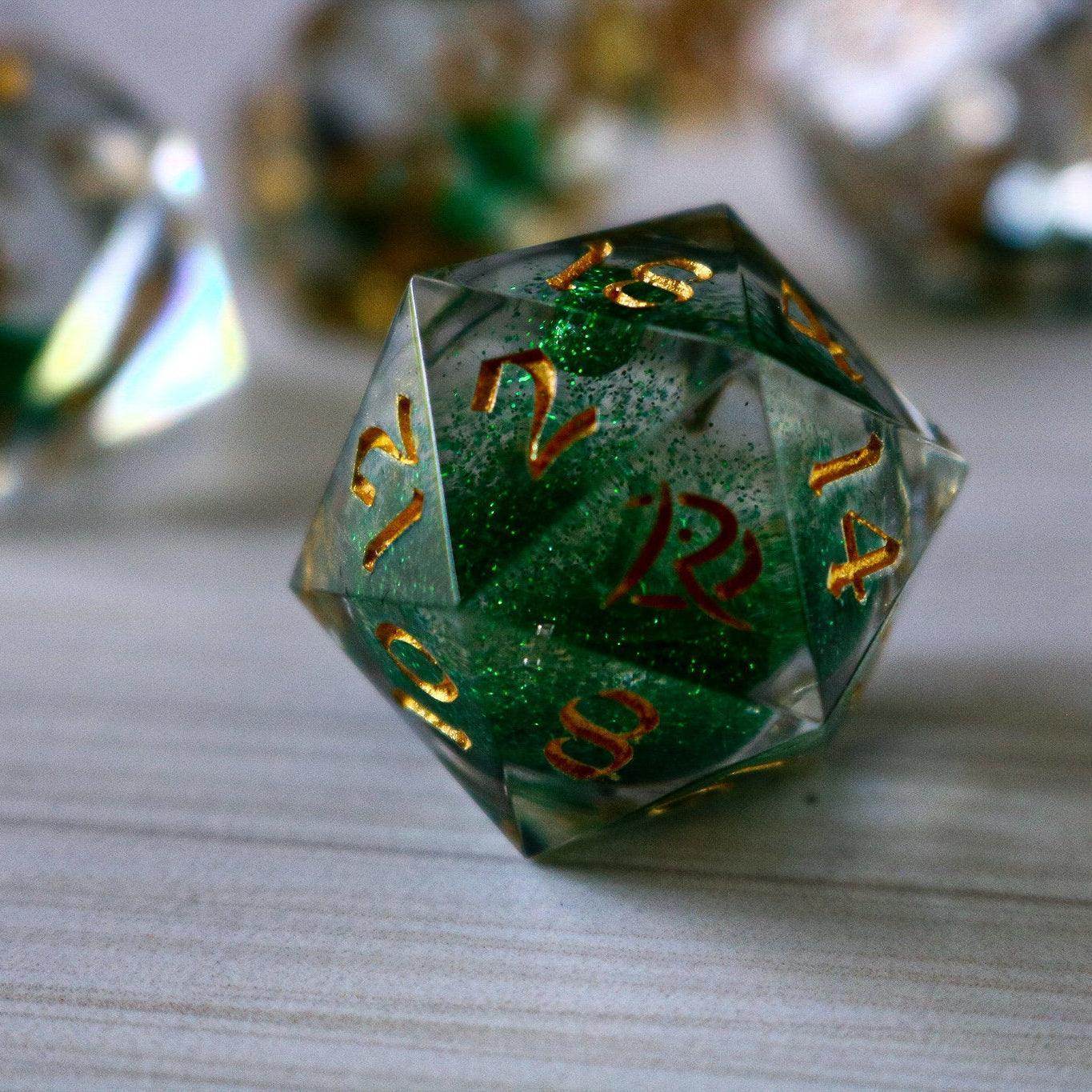 Green Glitter Liquid Core Handmade Sharp Edge Resin DND Dice Set - 1 D20 (Not Full Set)