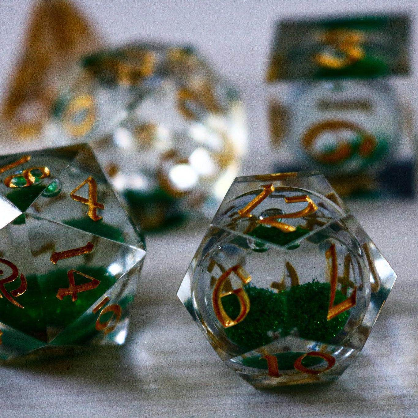 Green Glitter Liquid Core Handmade Sharp Edge Resin DND Dice Set - 1 D20 (Not Full Set)