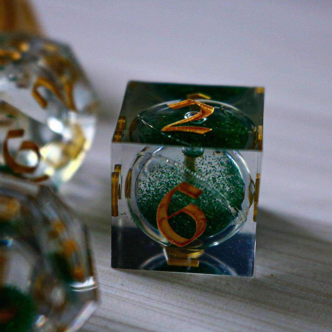 Green Glitter Liquid Core Handmade Sharp Edge Resin DND Dice Set - 1 D20 (Not Full Set)