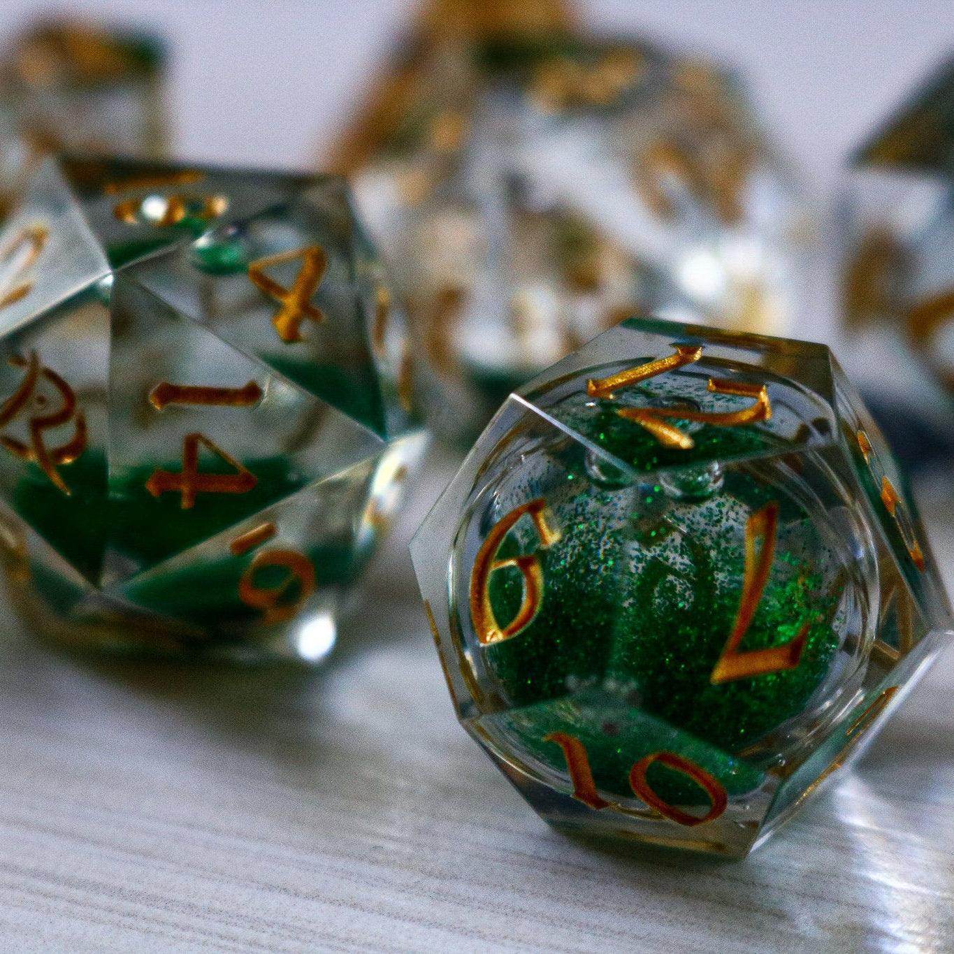 Green Glitter Liquid Core Handmade Sharp Edge Resin DND Dice Set - 1 D20 (Not Full Set)
