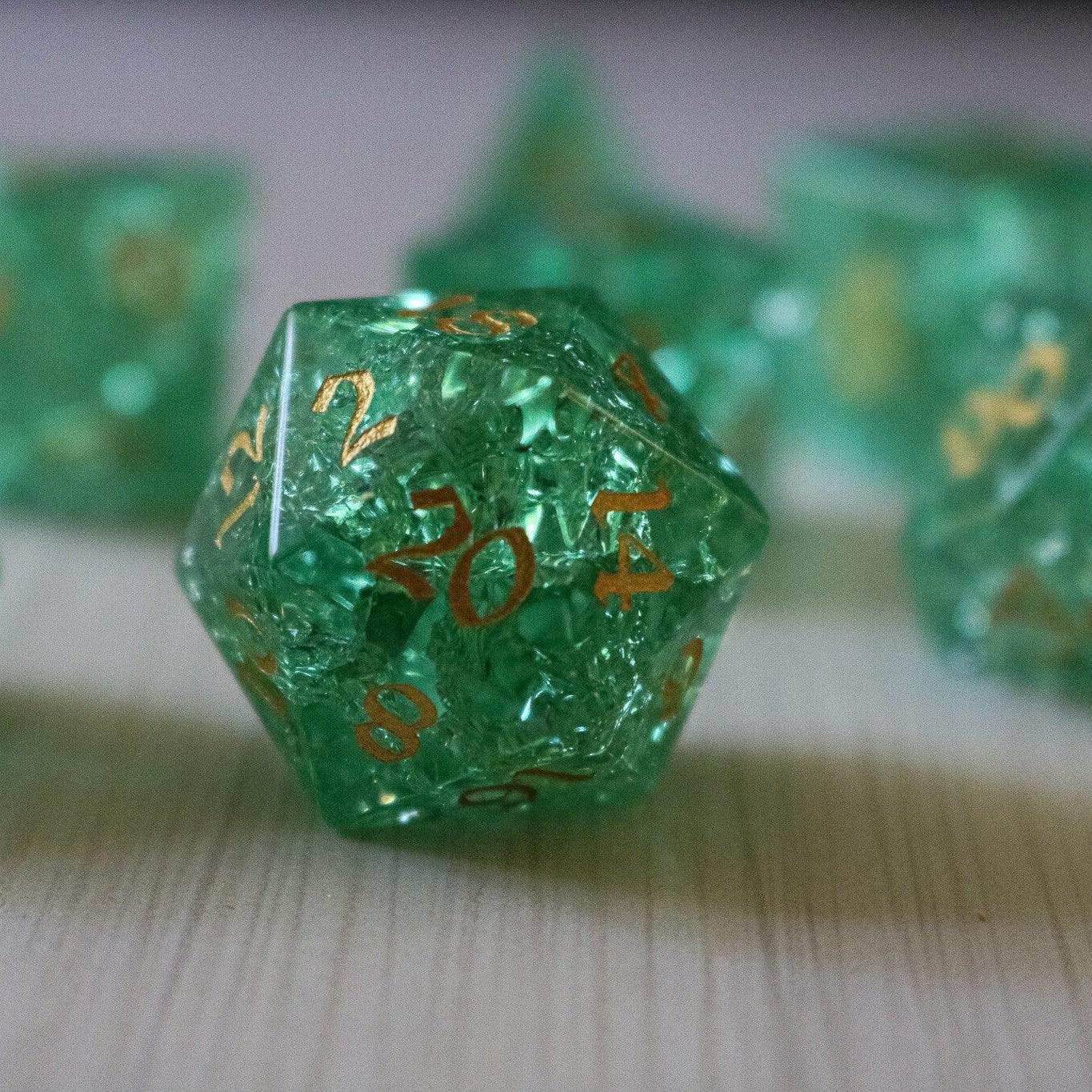 Green Lightning Cracked Glass DND Dice Set - Full Set And Free Dice Box