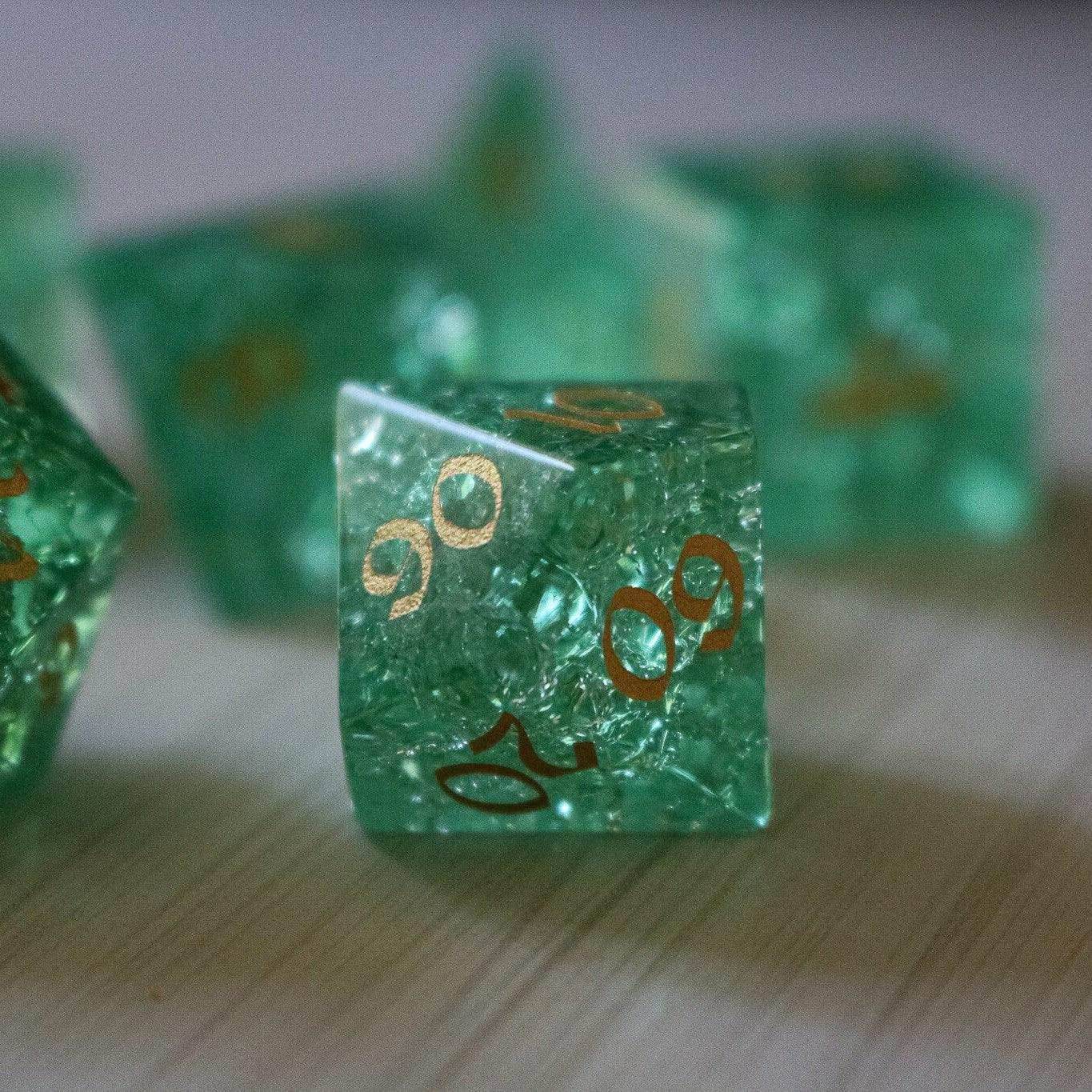 Green Lightning Cracked Glass DND Dice Set - Full Set And Free Dice Box