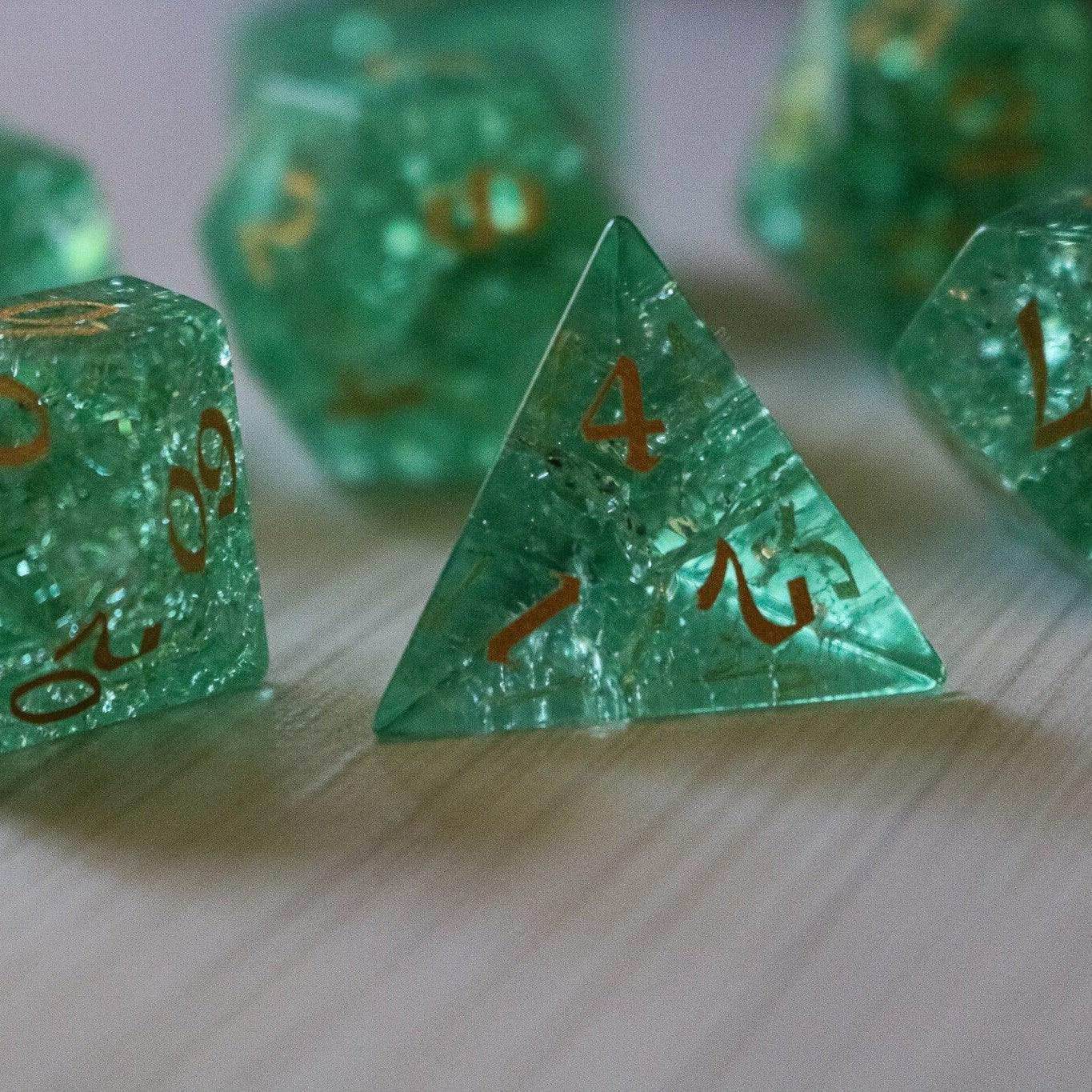 Green Lightning Cracked Glass DND Dice Set - Full Set And Free Dice Box