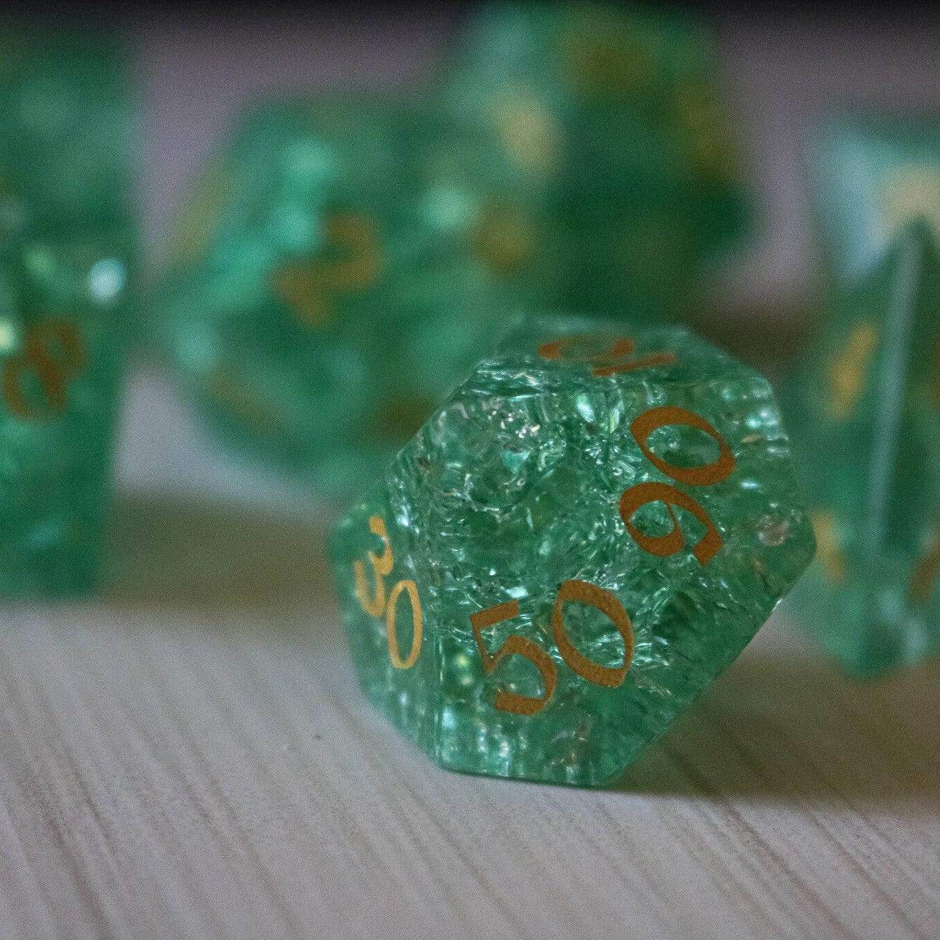 Green Lightning Cracked Glass DND Dice Set - Full Set And Free Dice Box