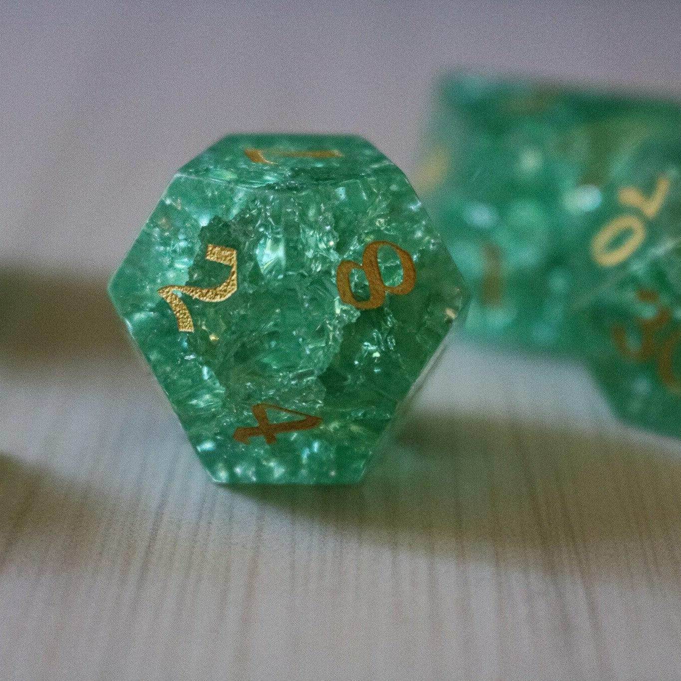 Green Lightning Cracked Glass DND Dice Set - Full Set And Free Dice Box