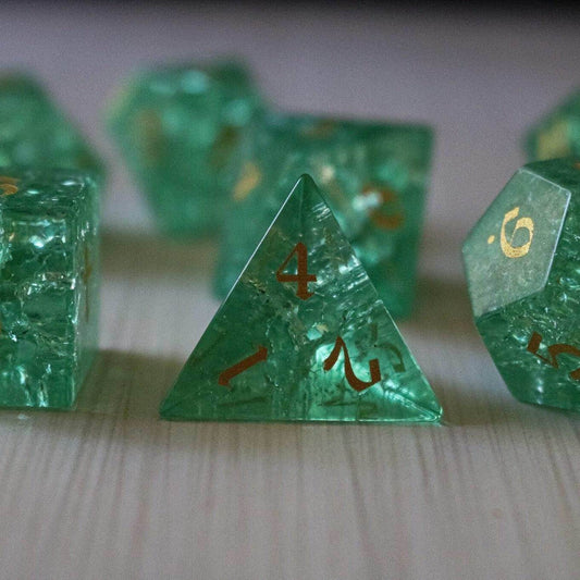 Green Lightning Cracked Glass DND Dice Set - Full Set And Free Dice Box