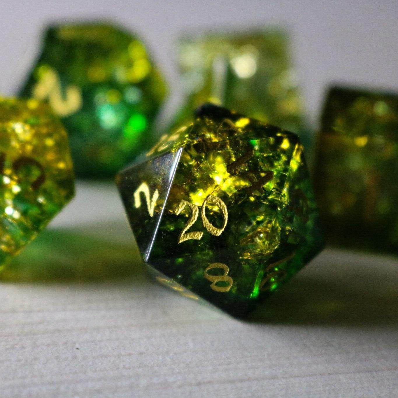 Green Poison Forge Fire Cracked Glass DND Dice Set - Full Set And Free Box