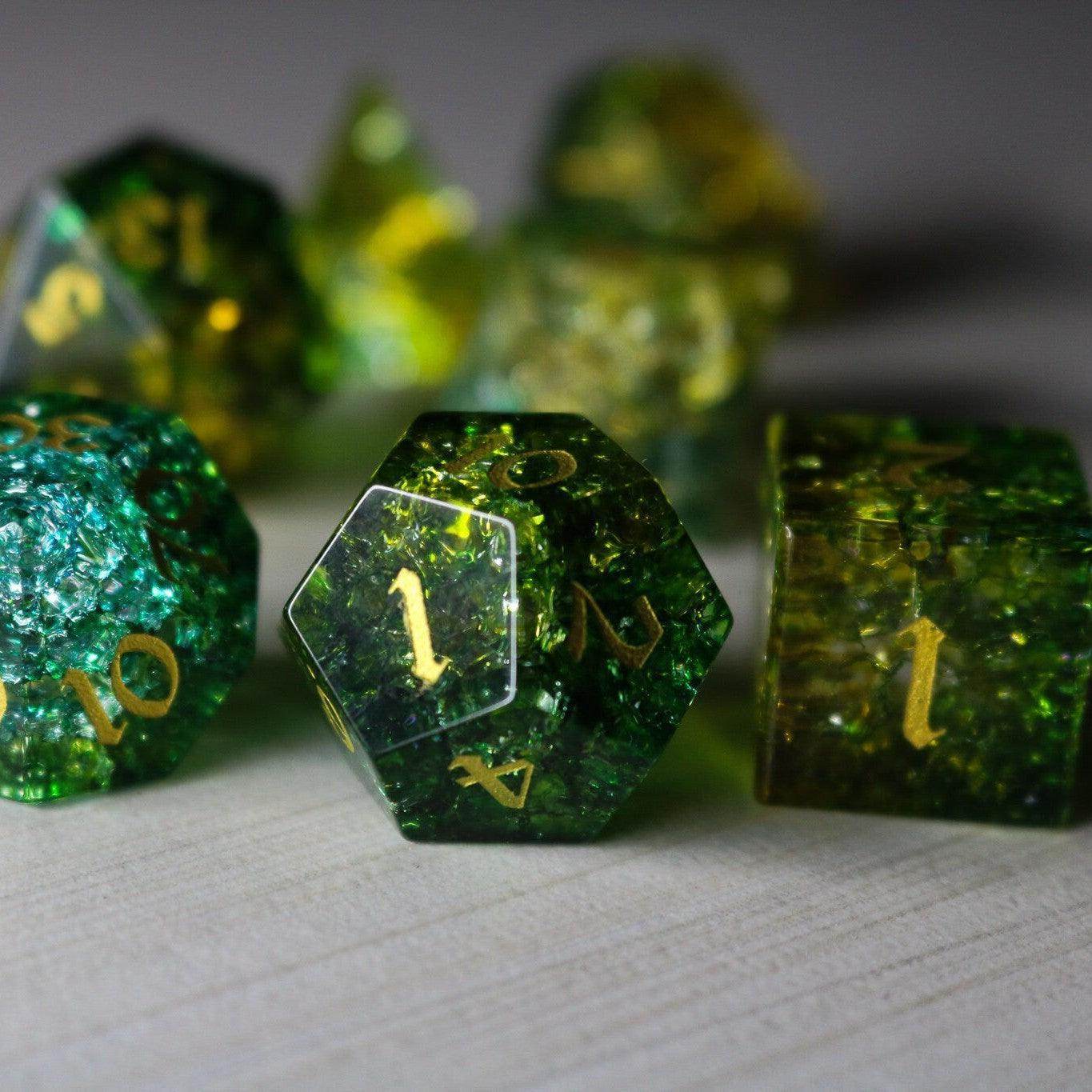 Green Poison Forge Fire Cracked Glass DND Dice Set - Full Set And Free Box