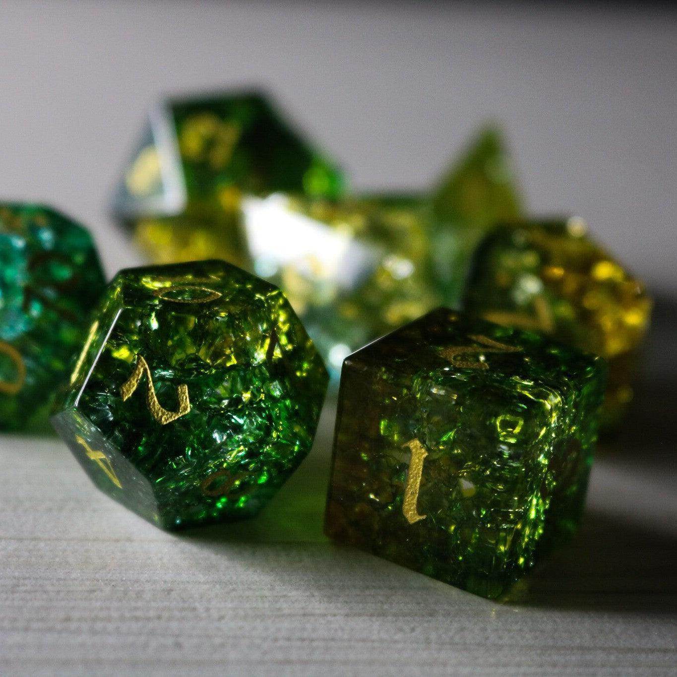 Green Poison Forge Fire Cracked Glass DND Dice Set - Full Set And Free Box