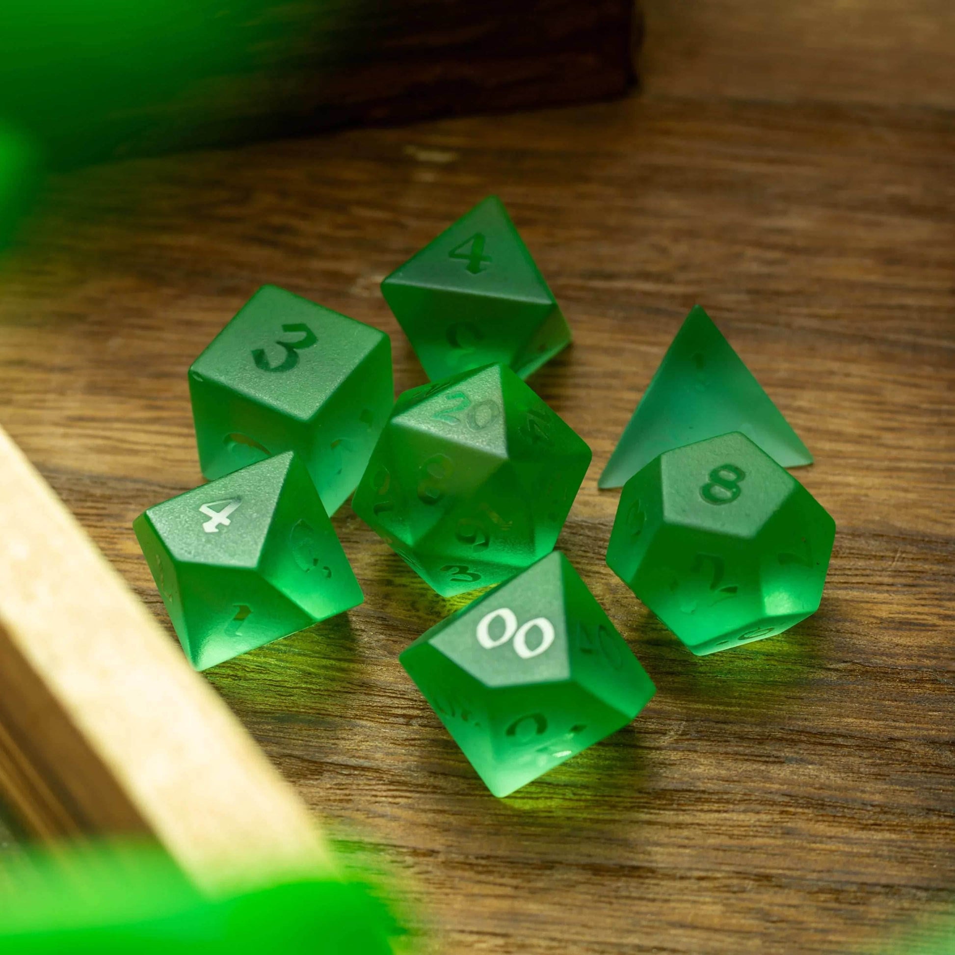 Green Raised Zircon Glass Hand Carved DND Dice Set - Full Set And Free Dice Box