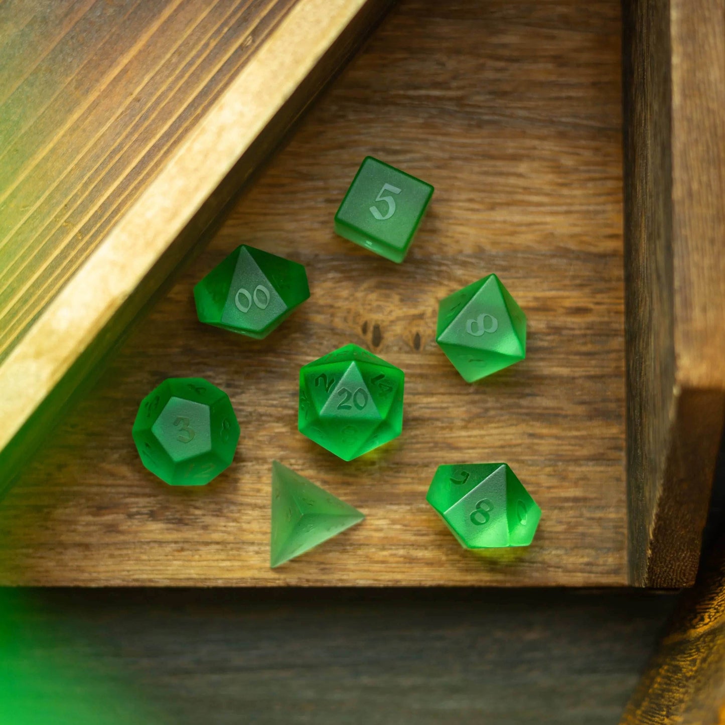 Green Raised Zircon Glass Hand Carved DND Dice Set - Full Set And Free Dice Box