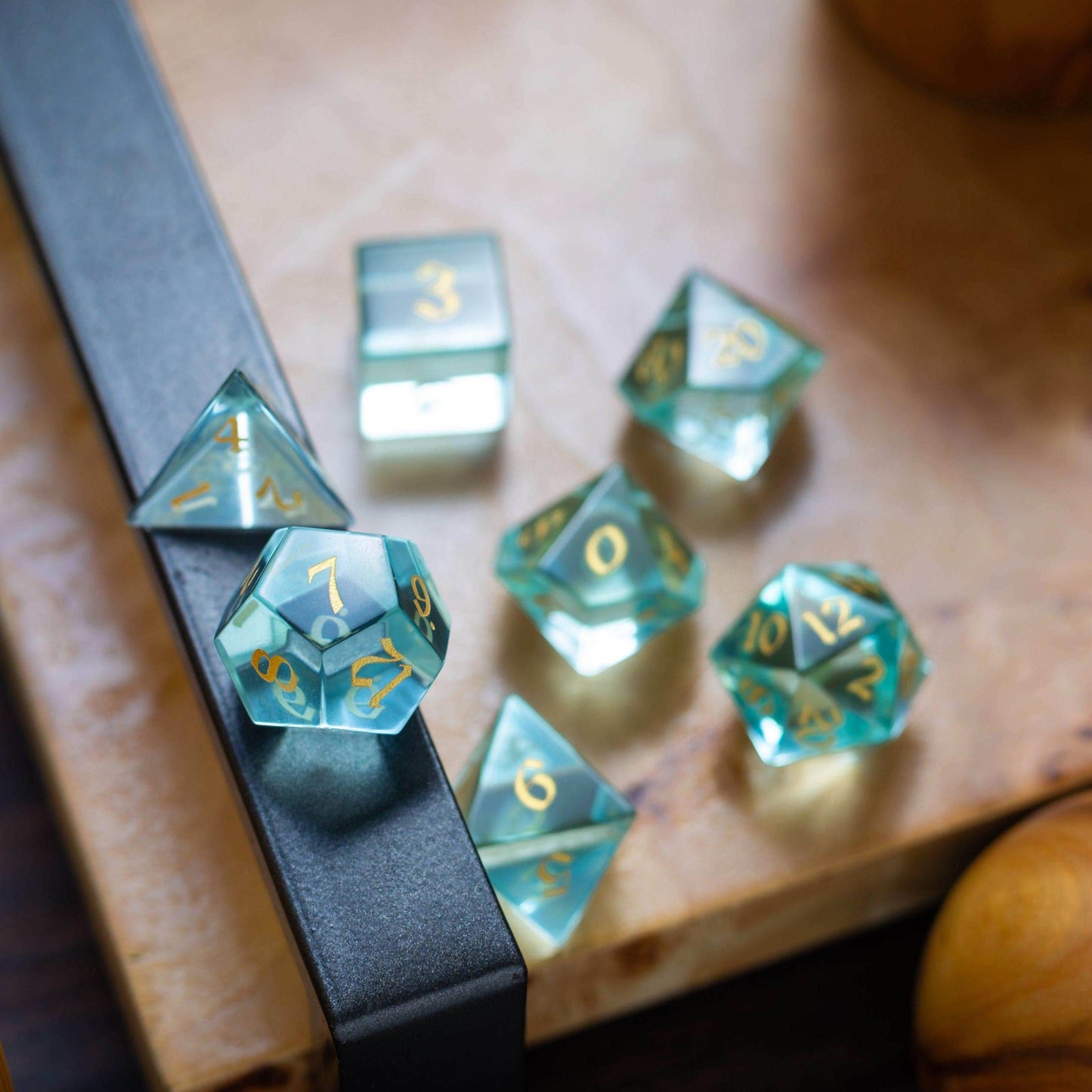Green Water Glass Hand Carved DND Dice Set - Full Set And Free Dice Box