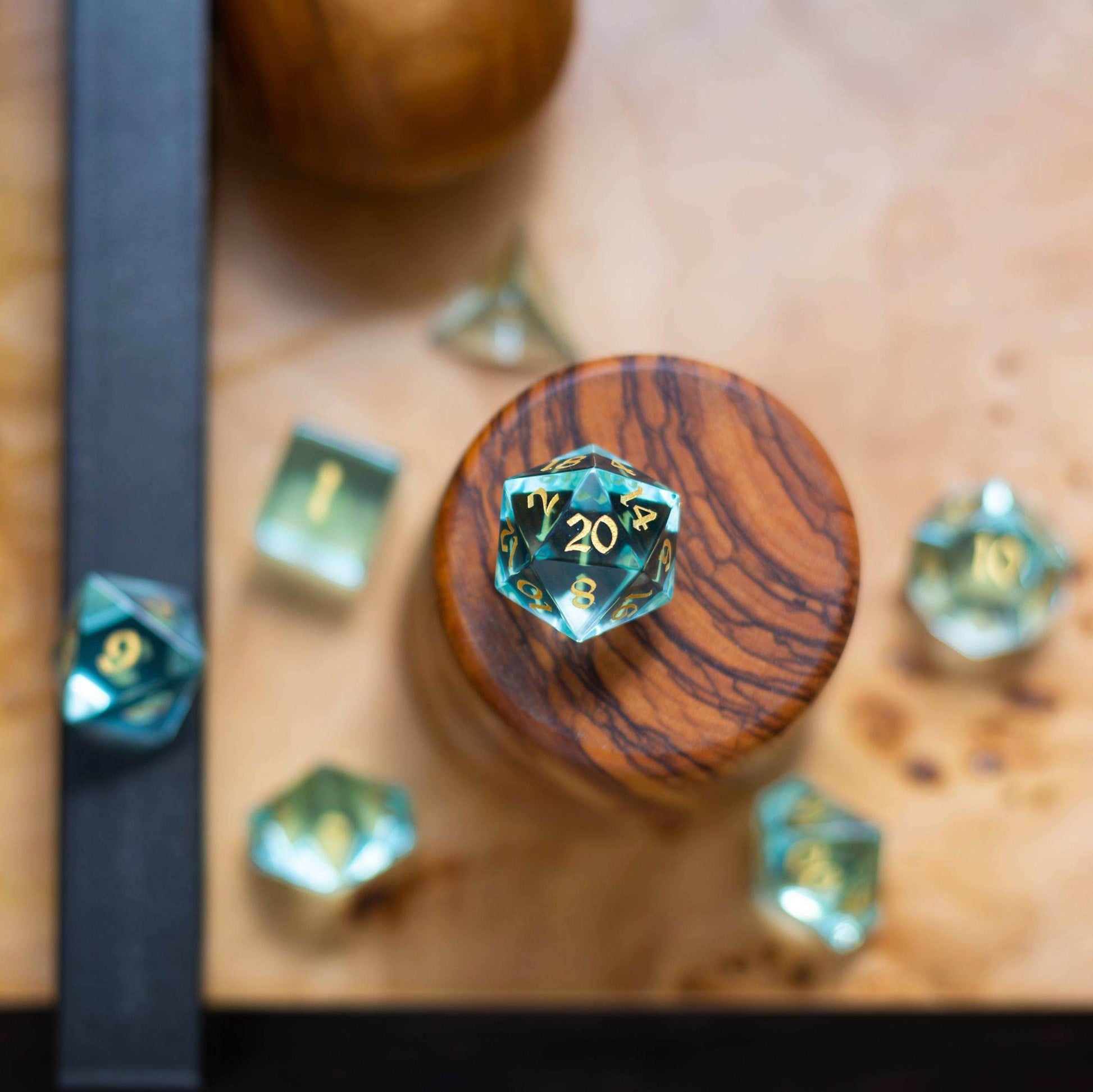 Green Water Glass Hand Carved DND Dice Set - Full Set And Free Dice Box
