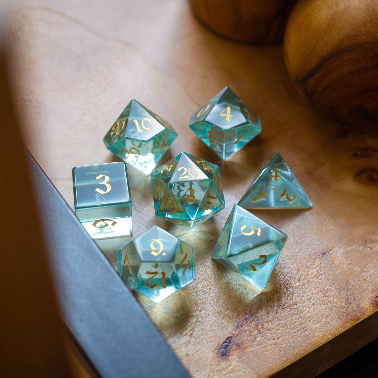 Green Water Glass Hand Carved DND Dice Set - Full Set And Free Dice Box