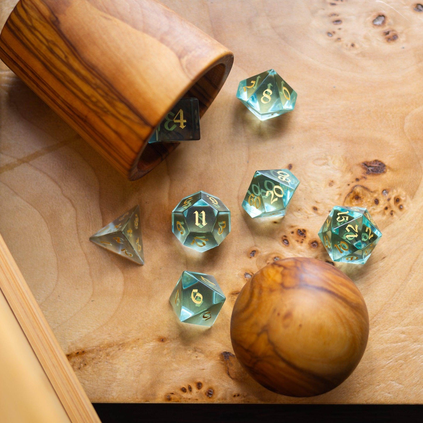 Green Water Glass Hand Carved DND Dice Set - Full Set And Free Dice Box