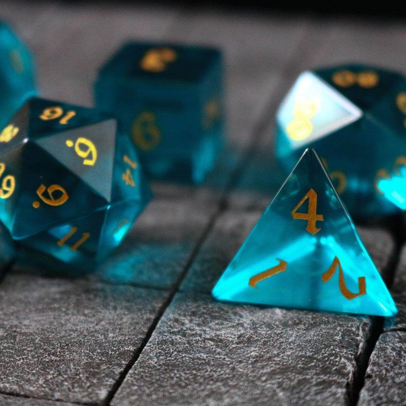 Green Zircon Glass Hand Carved DND Dice Set - Full Set And Free Dice Box