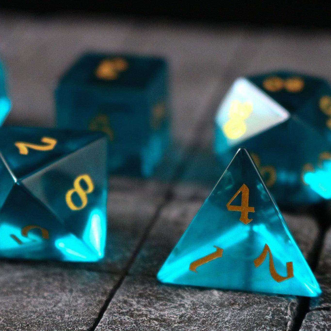 Green Zircon Glass Hand Carved DND Dice Set - Full Set And Free Dice Box