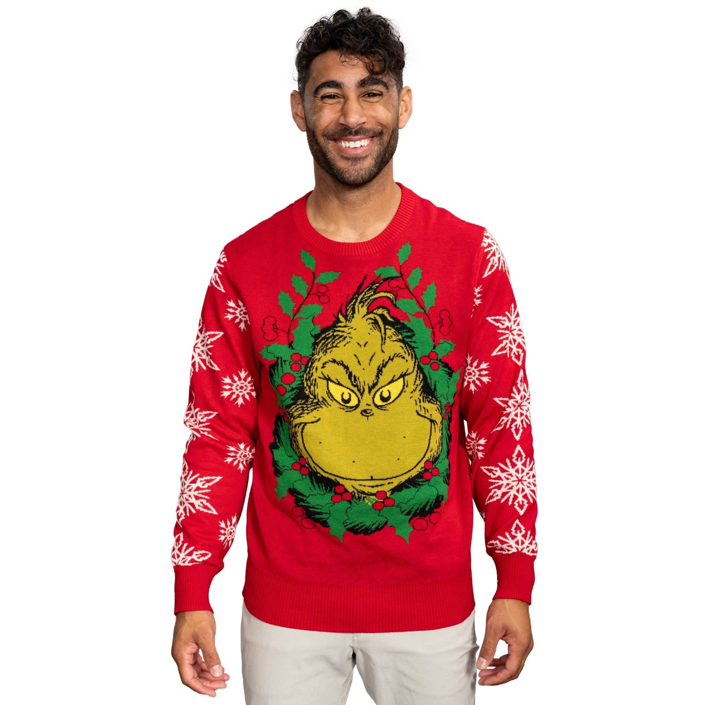 Grinch Head Santa Hat Wreath Sweater - XS
