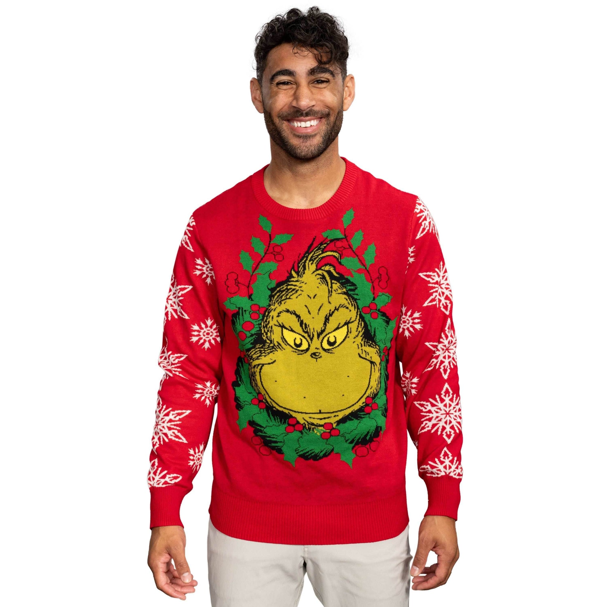 Grinch Head Santa Hat Wreath Sweater - XS