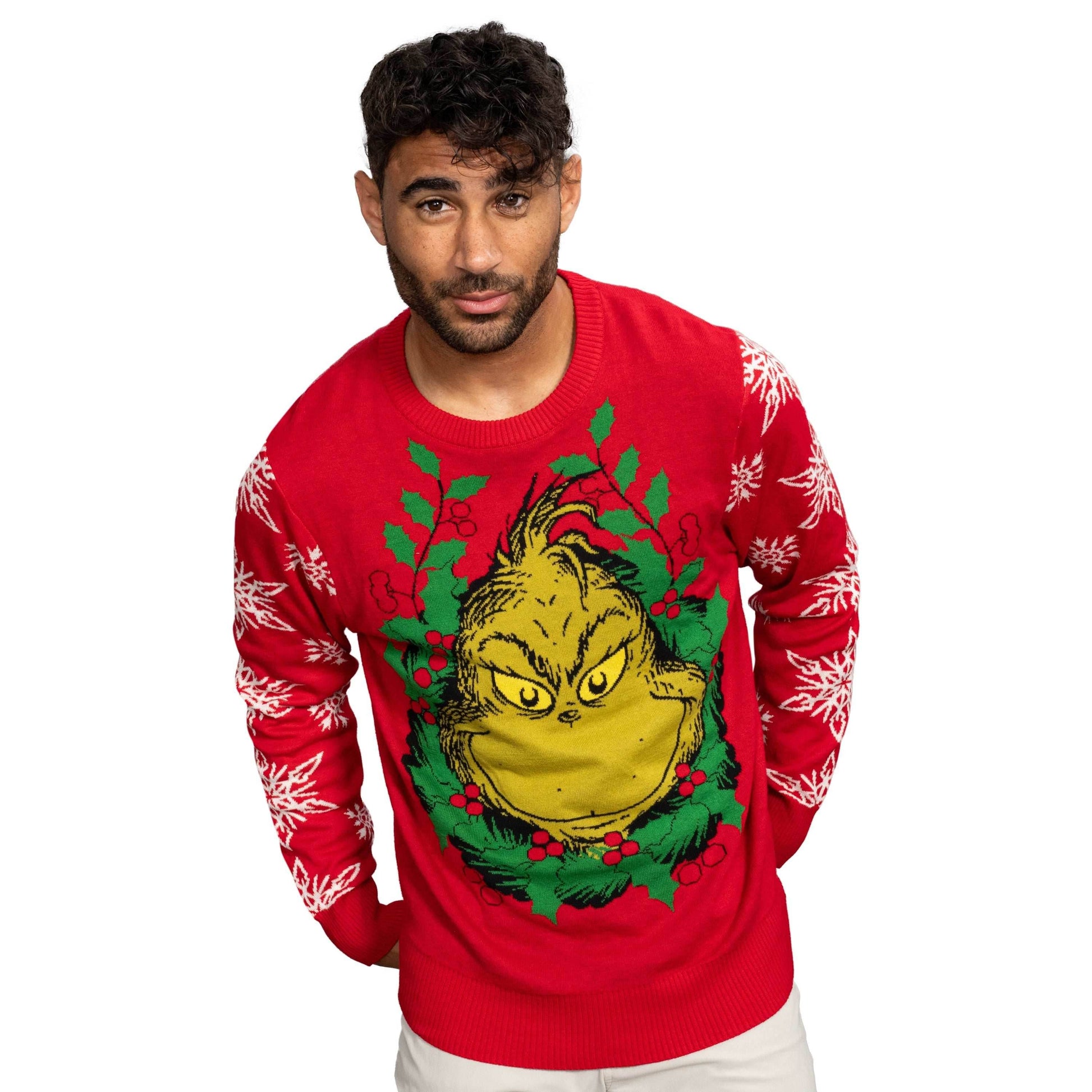 Grinch Head Santa Hat Wreath Sweater - XS
