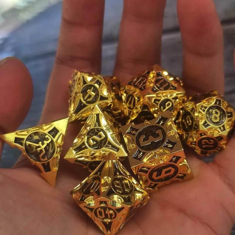 Gold w/black Barbed Strengthened Metal 7-Dice Set | Metal DND Dice - 