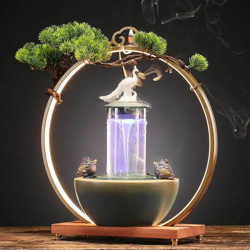 Lucky Pheasant Round LED Backflow Incense Burner With Flowing Water Fortune Fountain - 