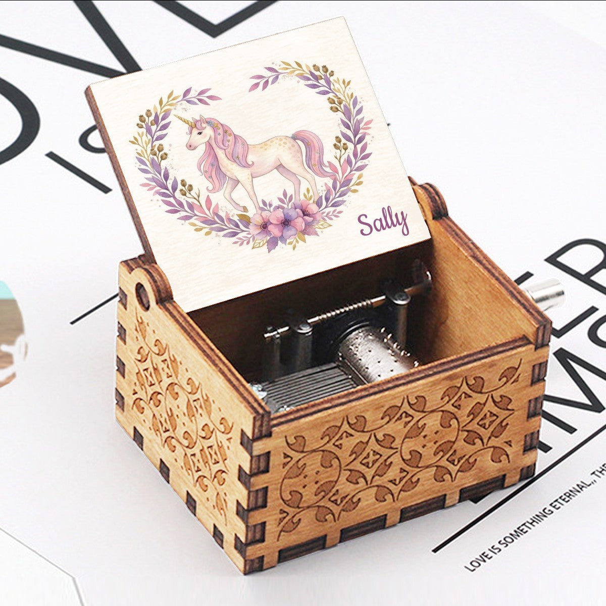 Personalized Music Box with White Unicorn & Pink Flowers — You Are My Sunshine
