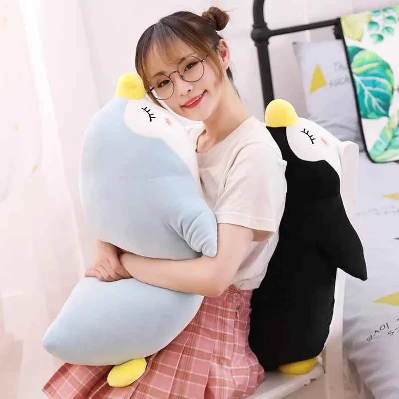 Kawaii Penguin Plush Toy – Soft Stuffed Cartoon Penguin Doll in Black & Sky Blue (50 & 70cm)