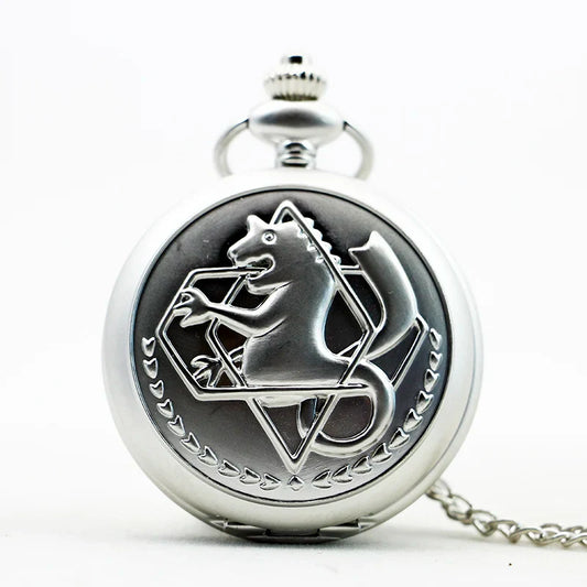 Antique Silver Fullmetal Alchemist Necklace Pendant Quartz Pocket Watch With Chain Gift