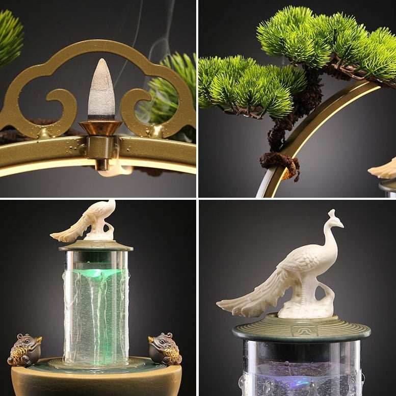 Lucky Pheasant Round LED Backflow Incense Burner With Flowing Water Fortune Fountain - 