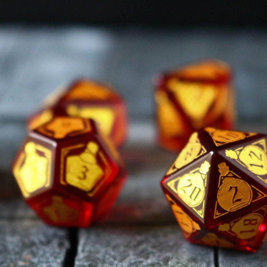 Health Potion Red Zircon Glass DND Dice Set - Full Set And Free Dice Box