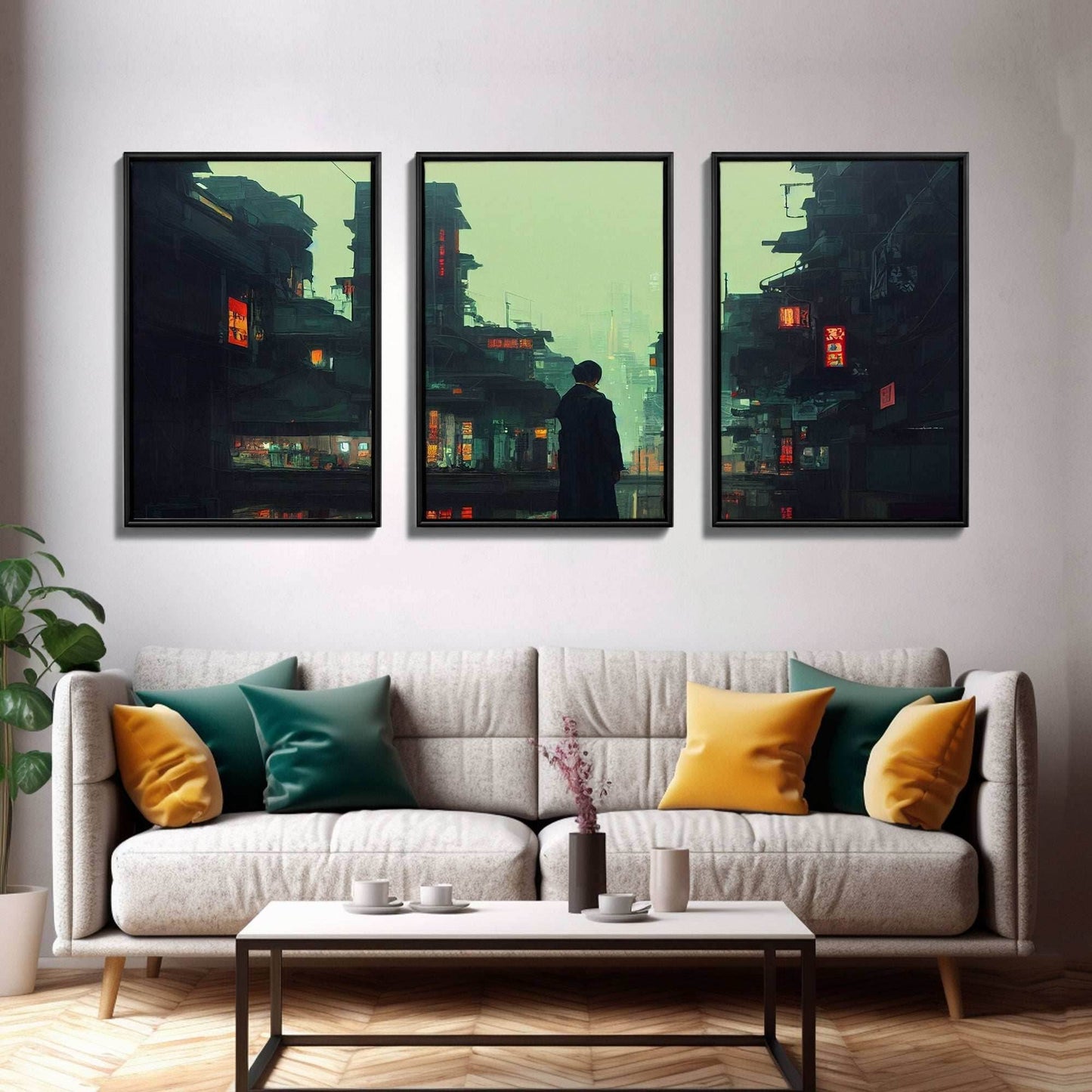 80s Style Cyberpunk Tokyo, Retrofuturism, Dystopian art, 3 piece wall art, 3 piece canvas print - 8x12 In. - 3 Pieces / Stretched Canvas