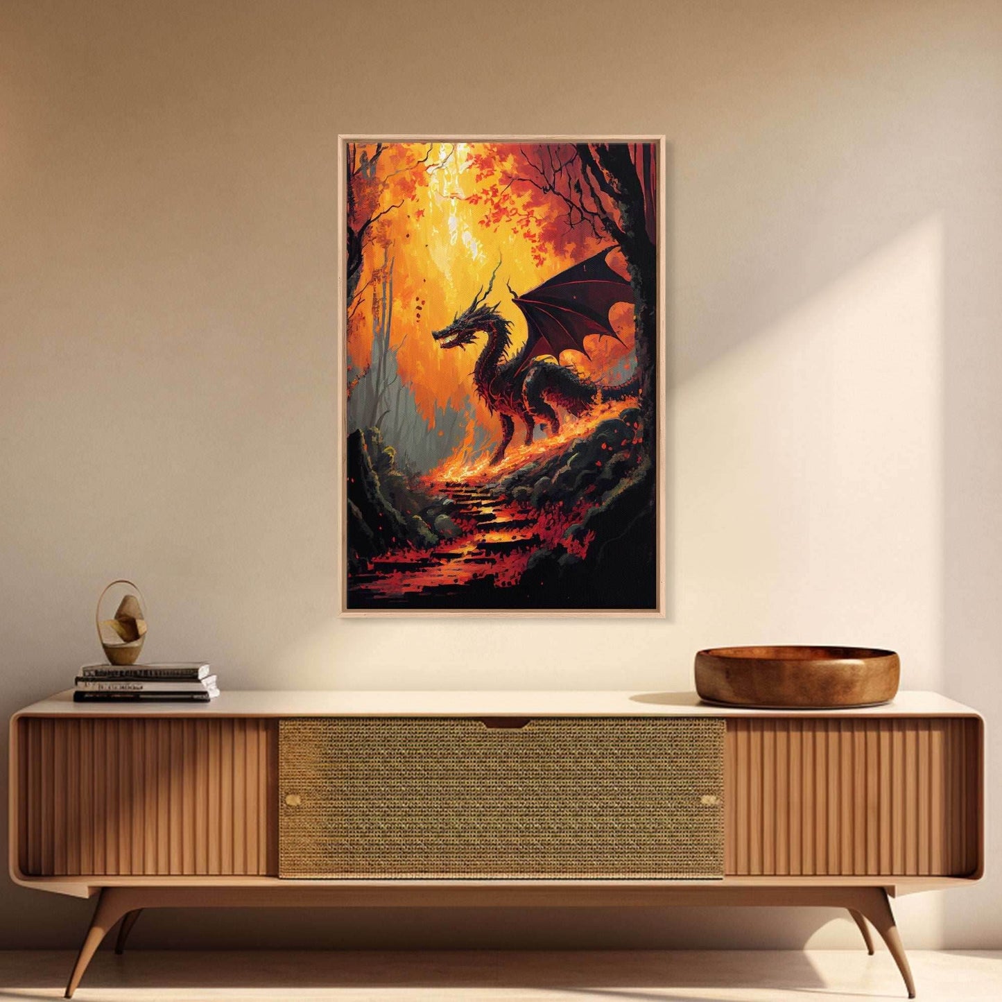 Dragon standing in a burned forest, fantasy art, fine art poster print - 8x12 Inches / Gallery Wrap Canvas - Ready To Hang