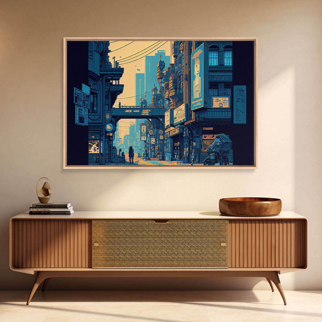 8 bit pixel art cyber punk city, video game concept art, framed canvas print, game room art - 8x12 Inches / Gallery Wrap Canvas - Ready To Hang