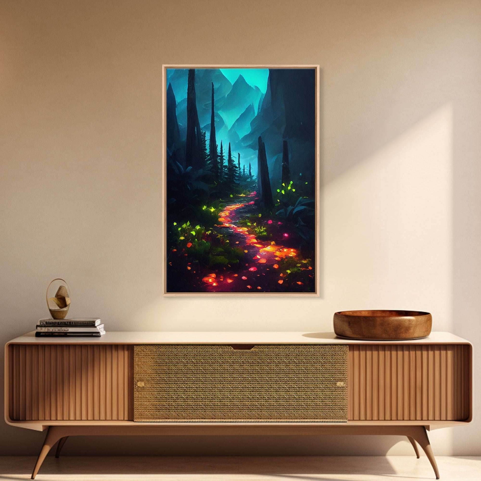 Luminescent magical forest canvas print, glowing trail though the trees, fantasy art - 8x12 Inches / Gallery Wrap Canvas - Ready To Hang