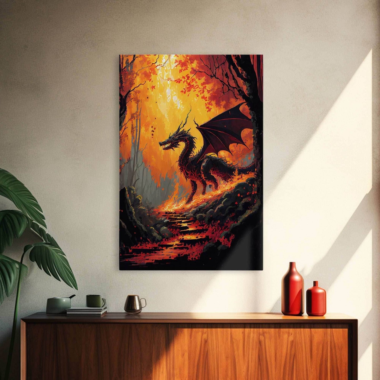 Fiery Dragon Burning Down Forest Canvas Print - Mystical Fantasy Wall Art Home Decor Artwork - 8x12 Inches / Gallery Wrap Canvas - Ready To Hang