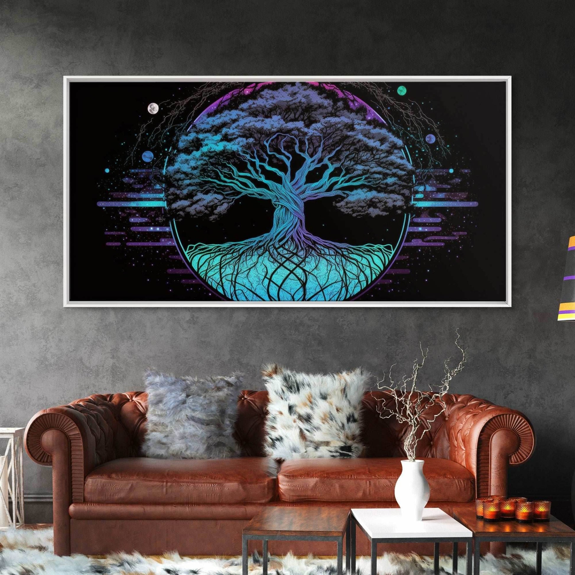 Norse Mythology Art, Synthwave Style Yggdrasil Tree of Life and the 9 Realms, Fantasy Art, Framed Canvas Print, Game Room Nordic Art - 10x20 Inches / Gallery Wrap Canvas - Ready To Hang