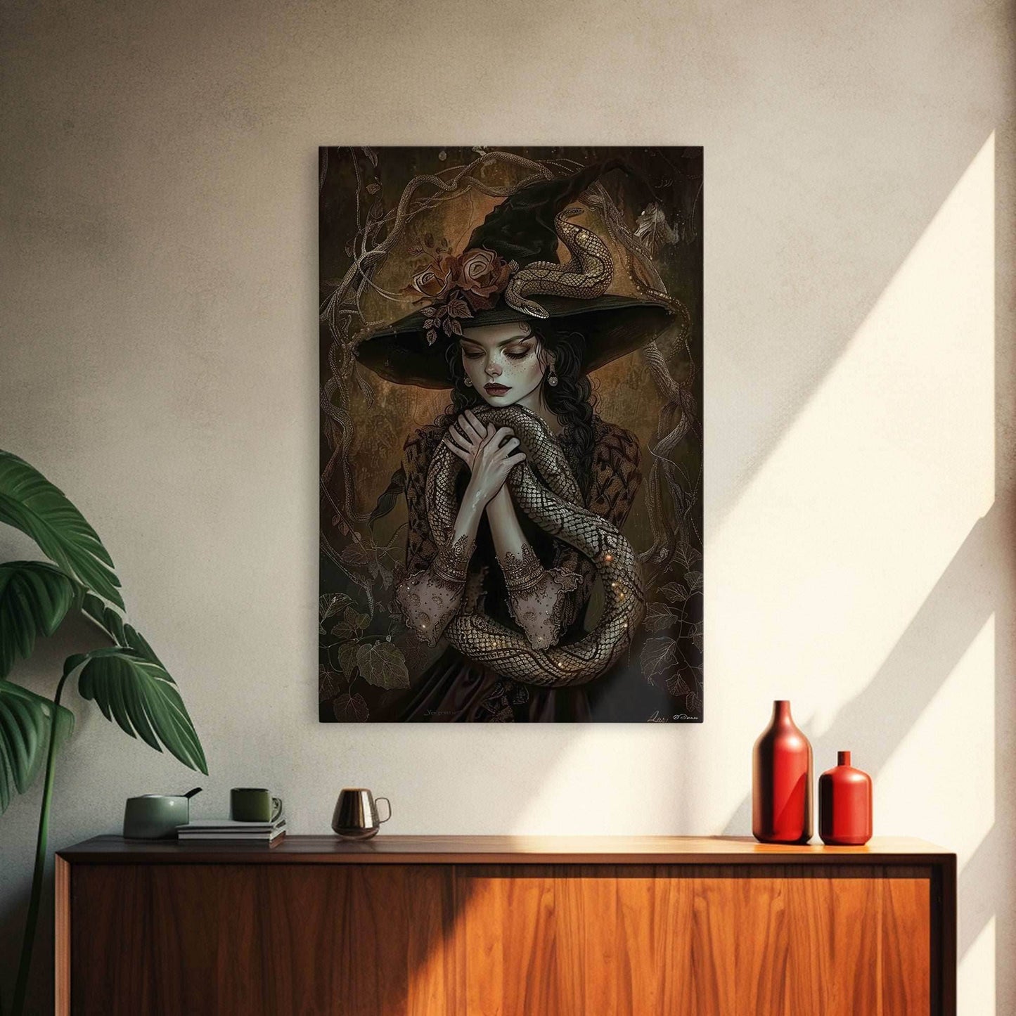 Mysterious Witch Holding Snake, Framed Canvas Print, Gothic Witch Art, Dark Fantasy Decor, Witch and Serpent, Halloween Accessories - 8x12 Inches / Gallery Wrap Canvas - Ready To Hang