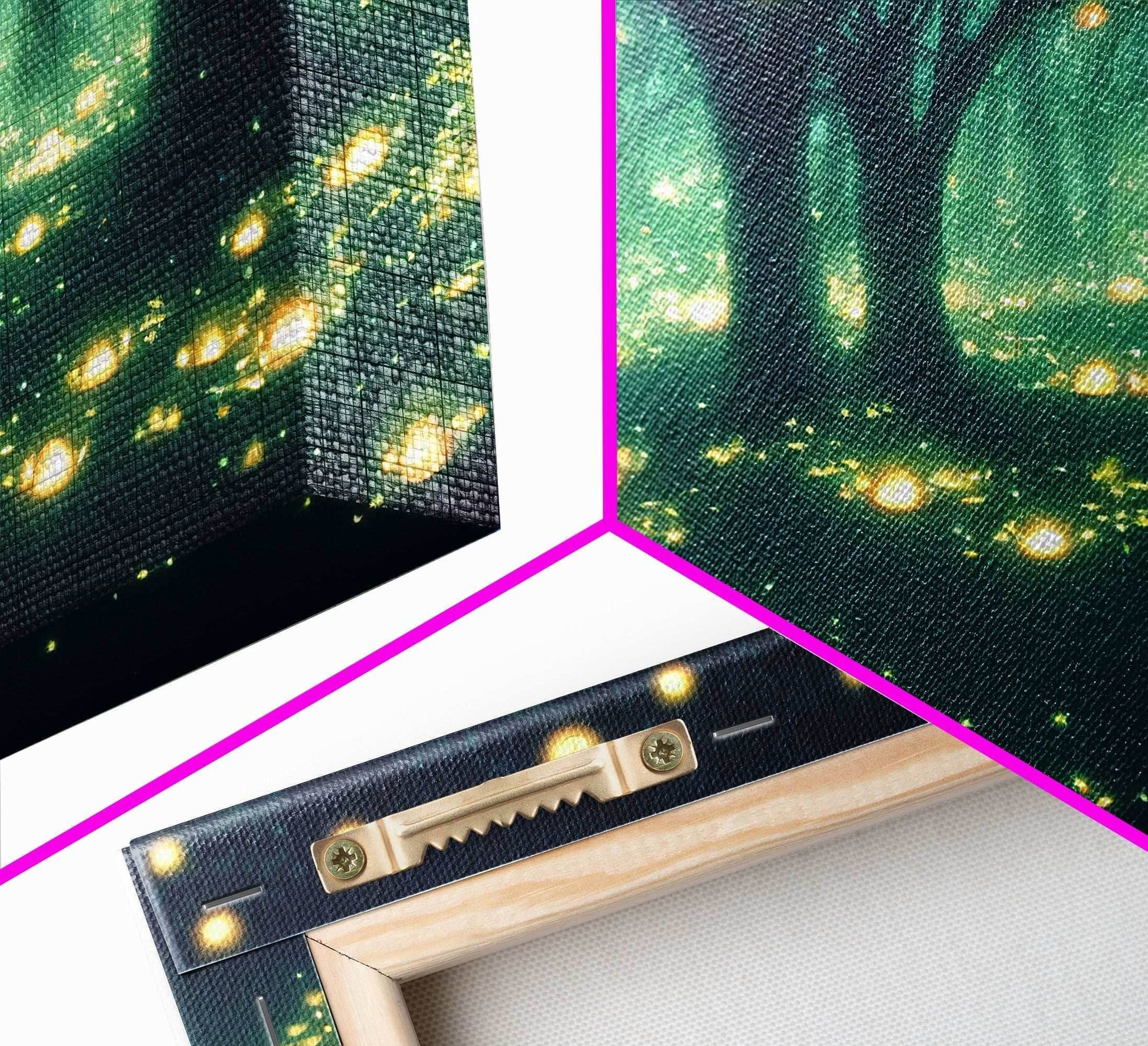 Fantasy forest wall decor, ready to hang 3 piece canvas print, 3 piece wall art, firefly wall art, Fireflies In A Fairy Forest at Night - 8x12 In. - 3 Pieces / Stretched Canvas