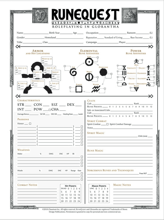 Rune Quest character sheet by Chaosium - 