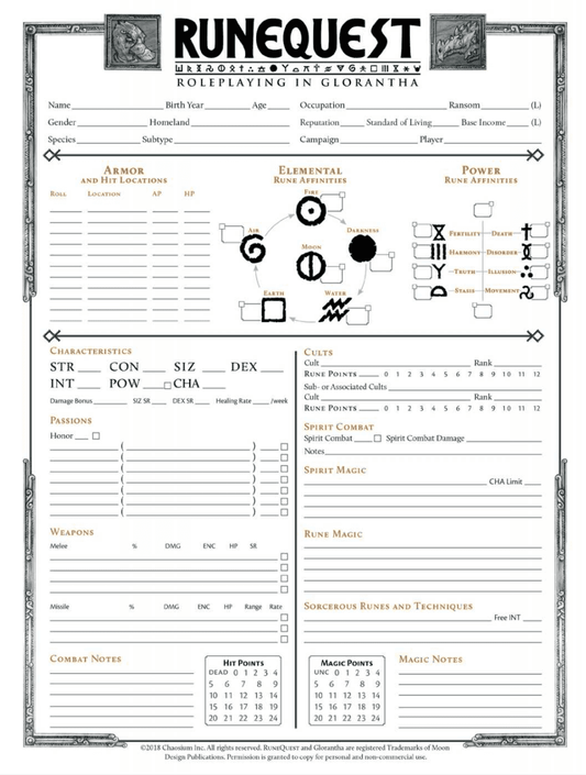 Rune Quest Non Human Character sheet by Chaosium - 