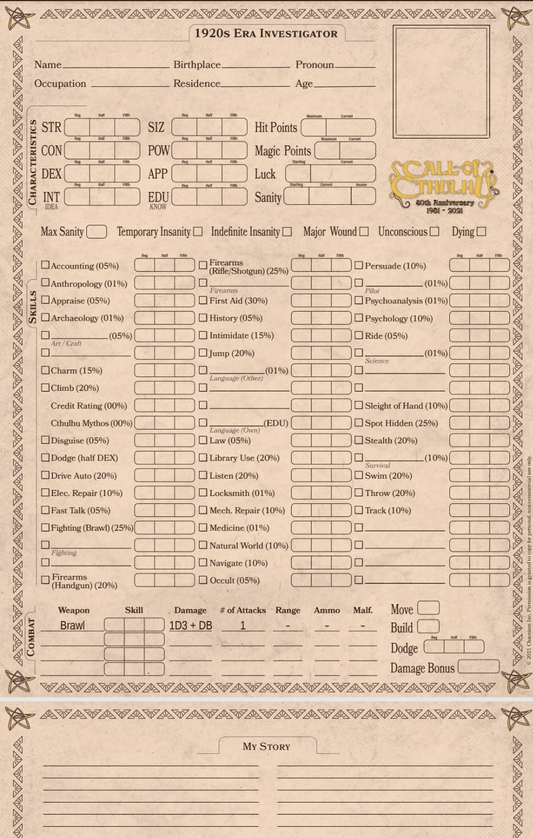1920s - Standard Cthulhu Characters sheets by Chaosium - 