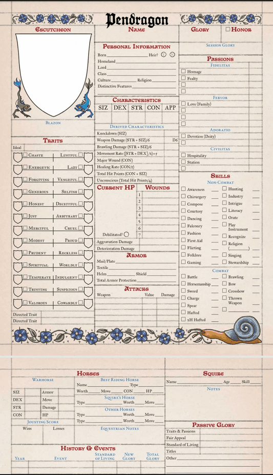 Pendragon character sheets by Chaosium - 