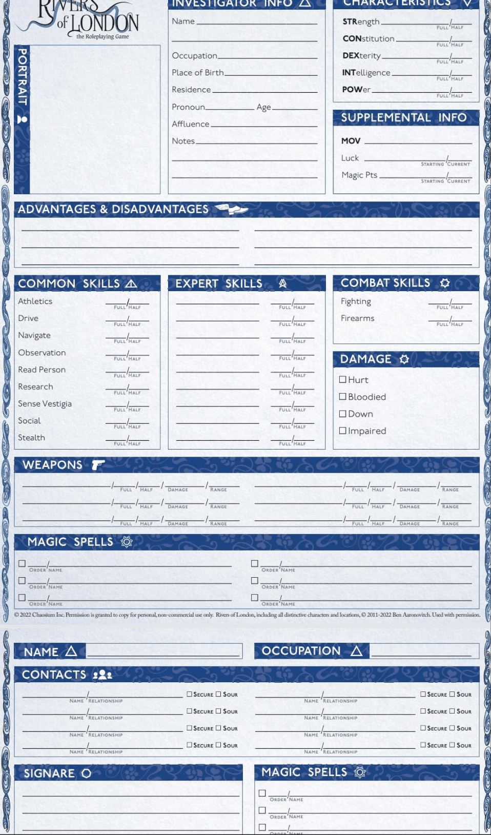 Rivers of London characters sheet by Chaosium - 