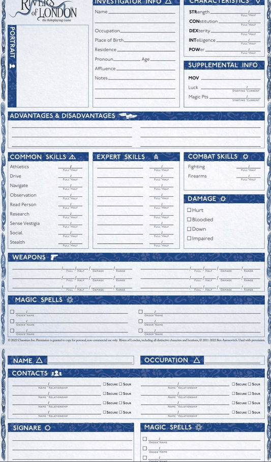 Rivers of London characters sheet by Chaosium - 