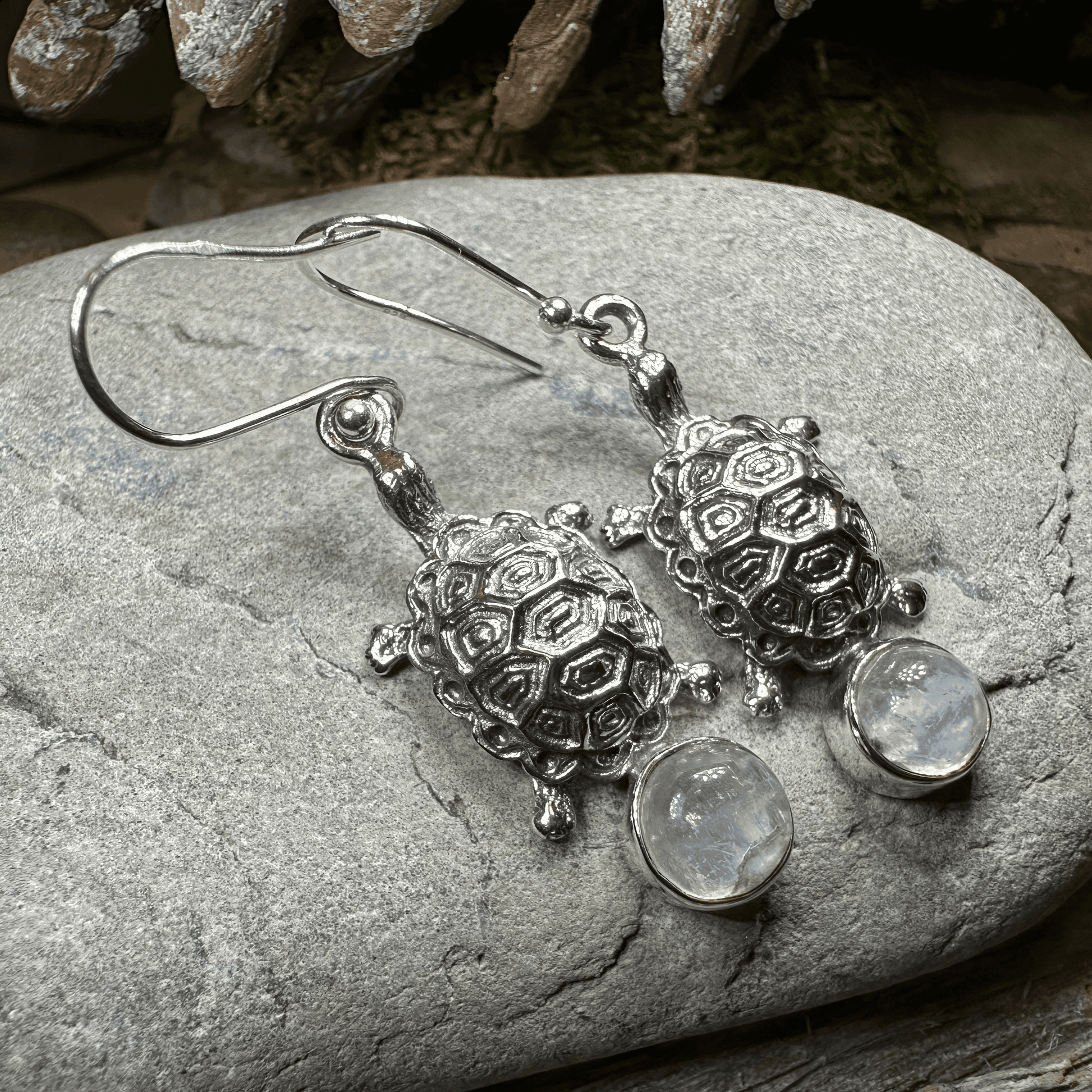 Turtle Moonstone Earrings - Round Stone