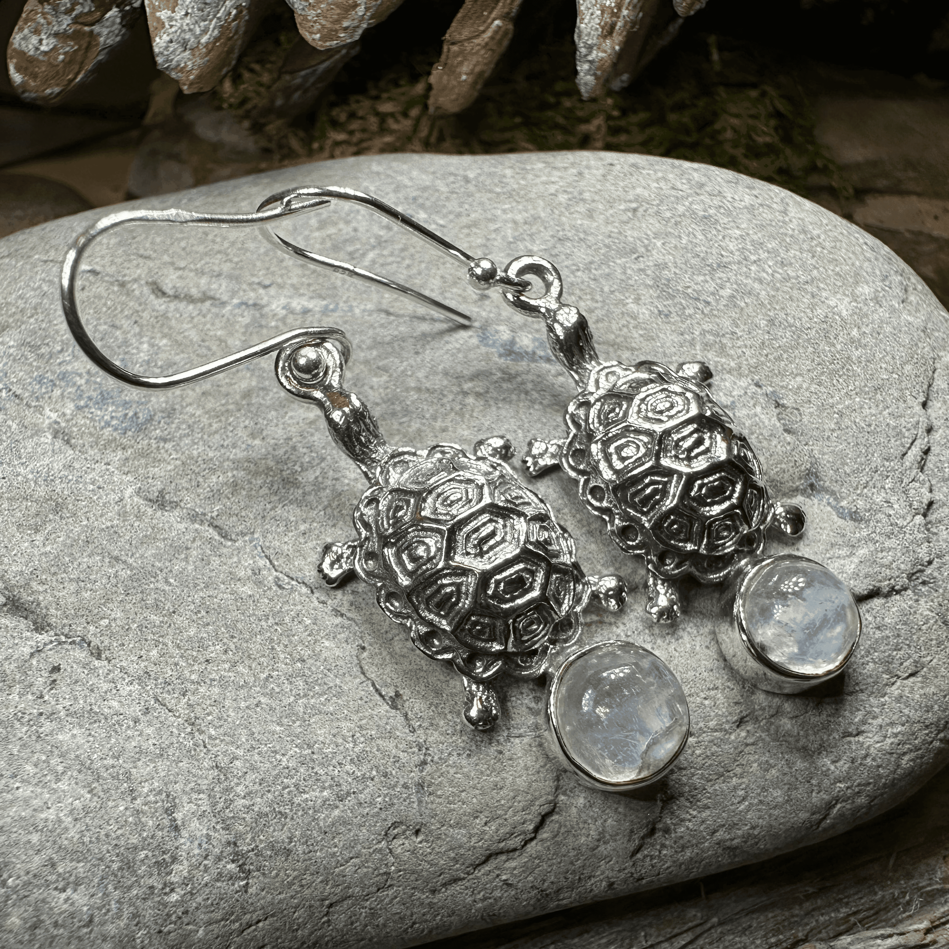 Turtle Moonstone Earrings - Round Stone