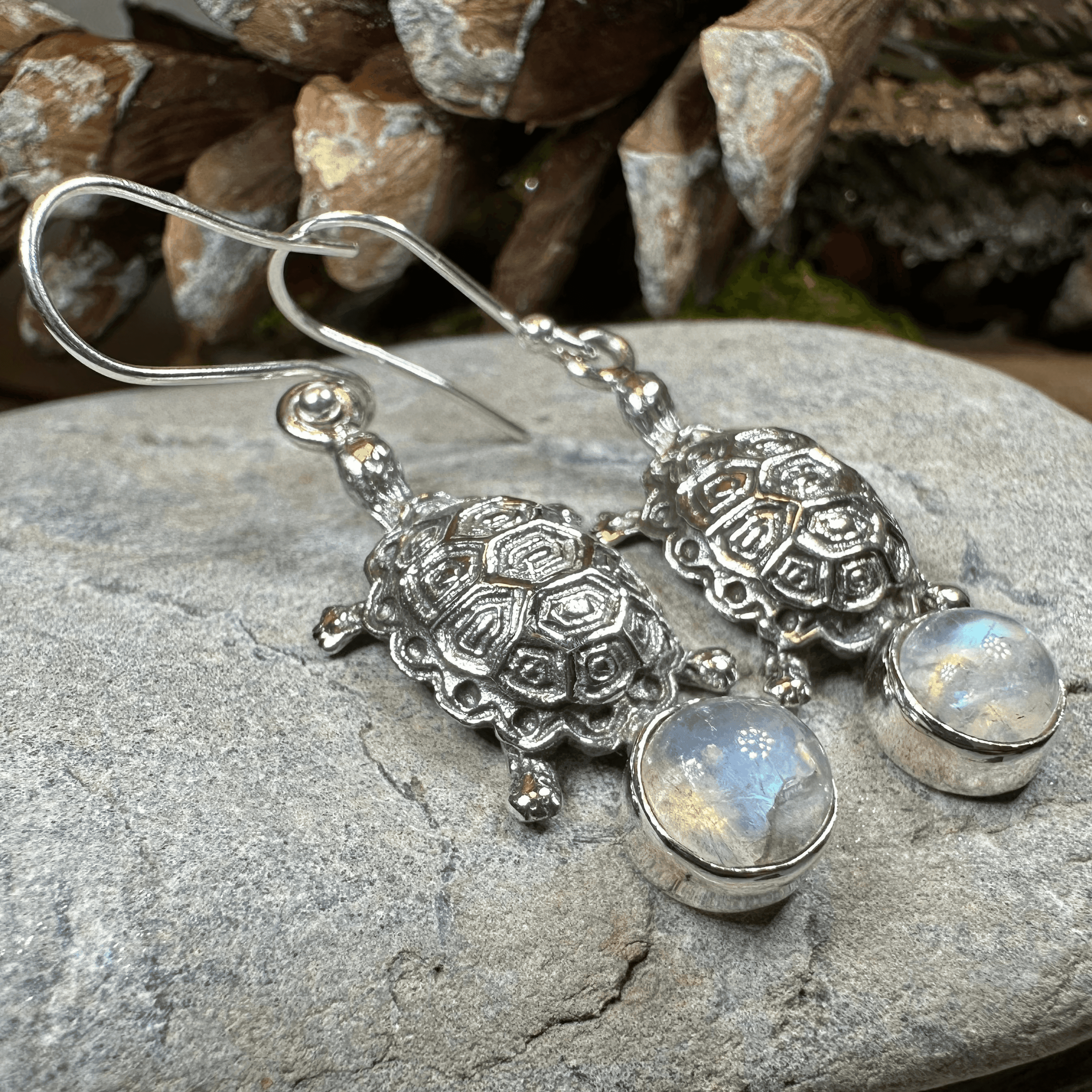 Turtle Moonstone Earrings - Round Stone