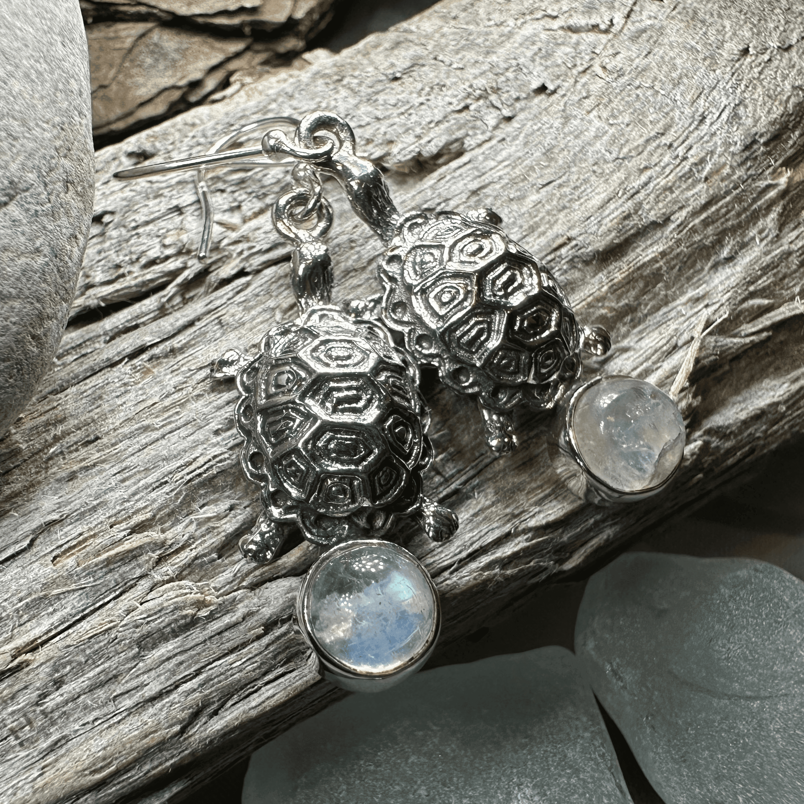 Turtle Moonstone Earrings - Round Stone