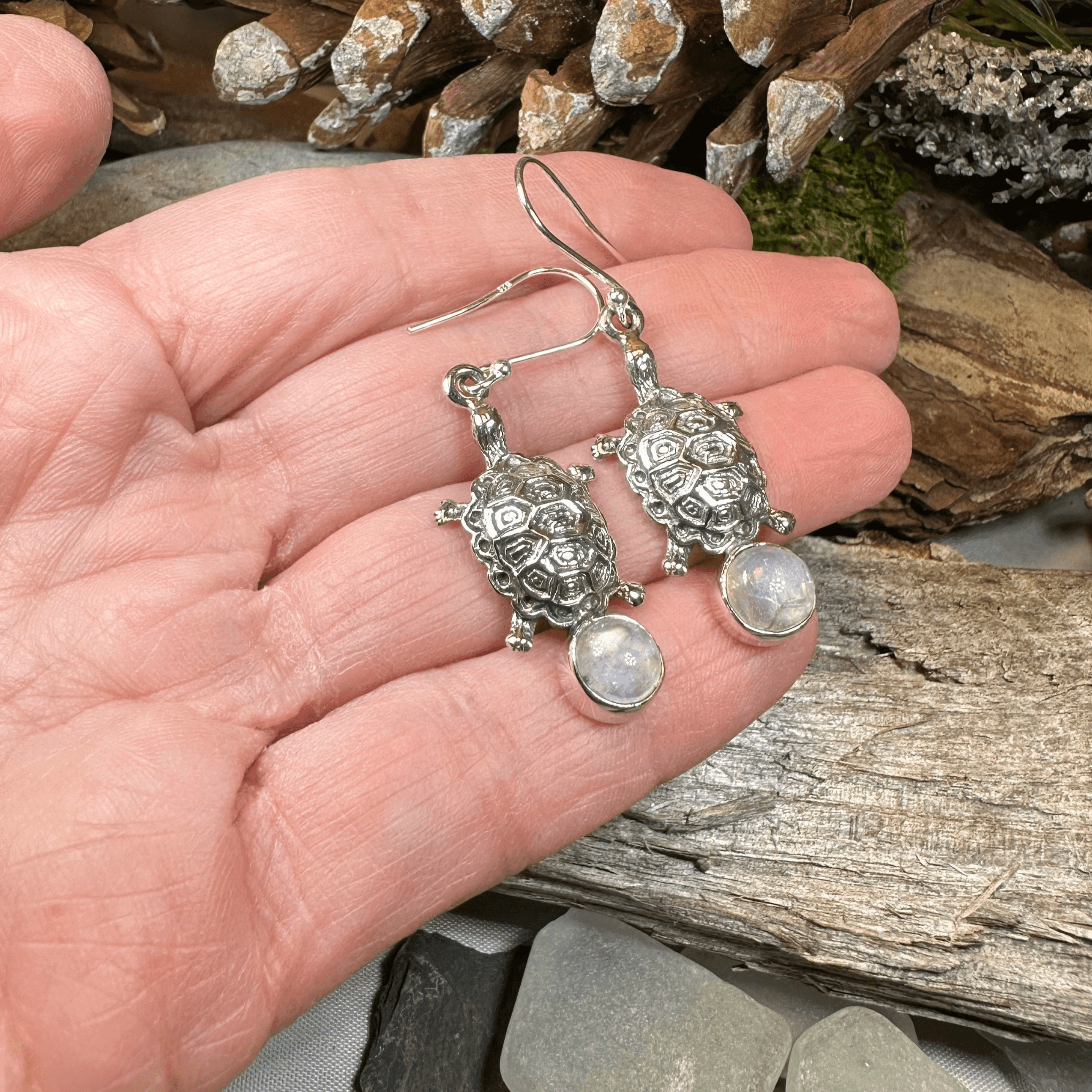 Turtle Moonstone Earrings - Round Stone